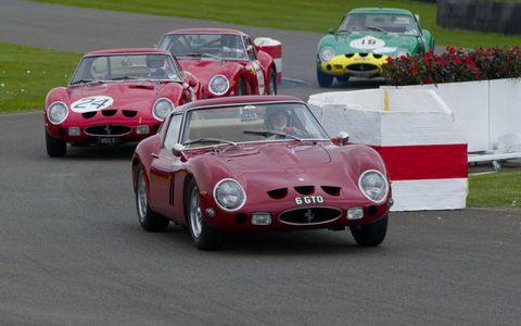 Four 250 GTOs head through the chicane at the Goodwood Circuit.