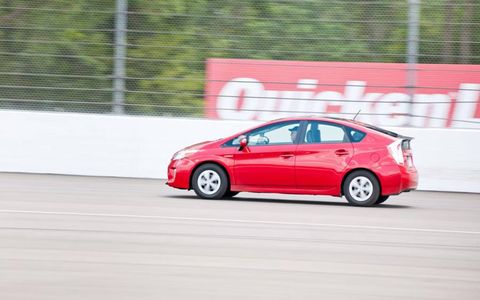 The 2012 Toyota Prius Four conducts testing at Michigan International Speedway.