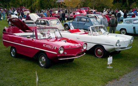 Two Amphicars, a 1967 model at left, and a 1960 version.