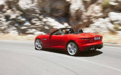 A quick glance at the rear of the Jaguar F-Type reveals what's under the hood: four exhaust tips denote the V8 engine, while dual center-mounted pipes indicate one of the V6 options.