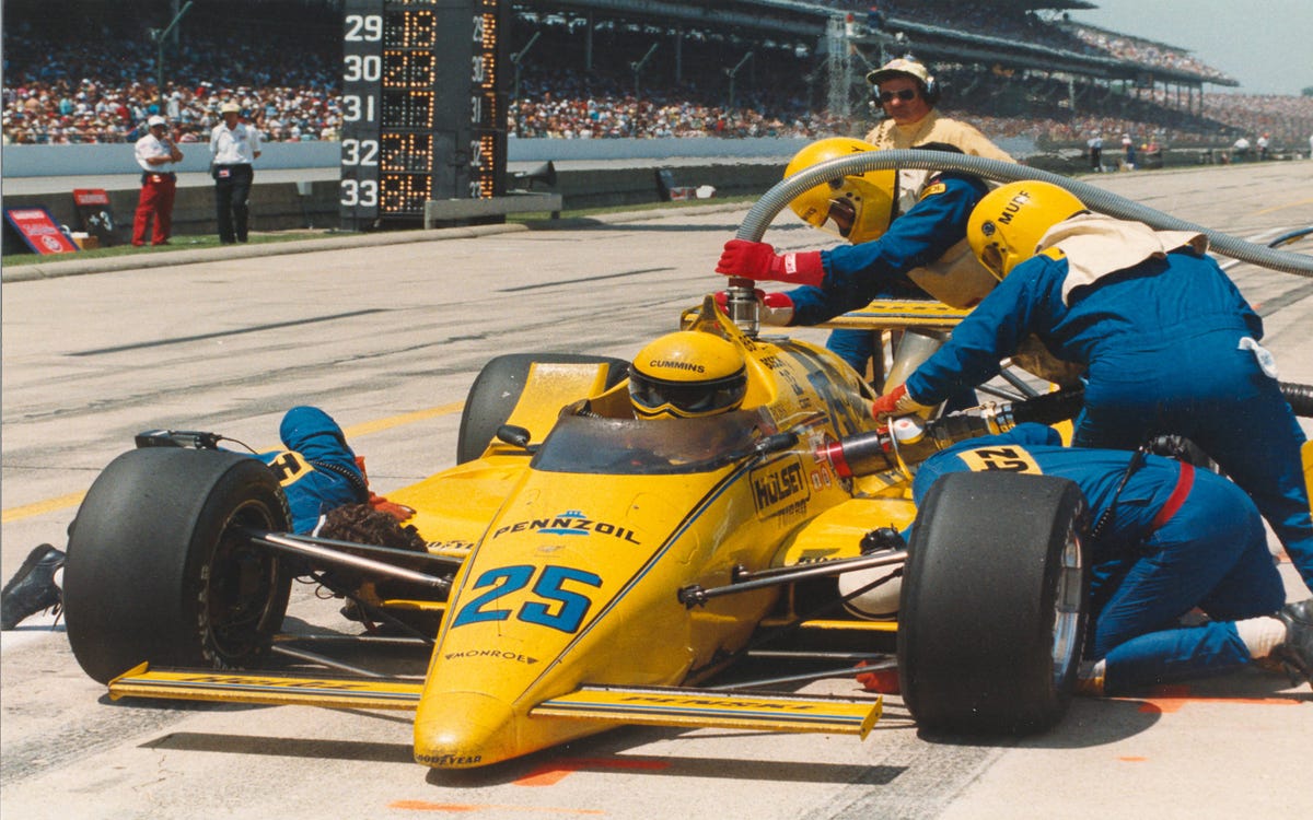 #66 Al Unser wins 1987 Indy 500 in hotel lobby display car