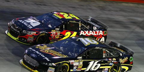 No. 24 Jeff Gordon battles it out with No. 16 Greg Biffle at Bristol Motor Speedway in March.