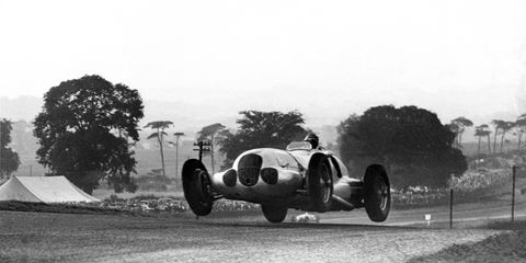 A Mercedes-Benz Type W125, this time with Manfred von Brauchitsch at the wheel, gets airborne at the 1937 Donnington Grand Prix in England.