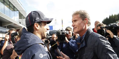 BBC Sport correspondent and former F1 driver David Coulthard interviewing Red Bull Racing's Daniel Ricciardo in Spa, Belgium, in August.