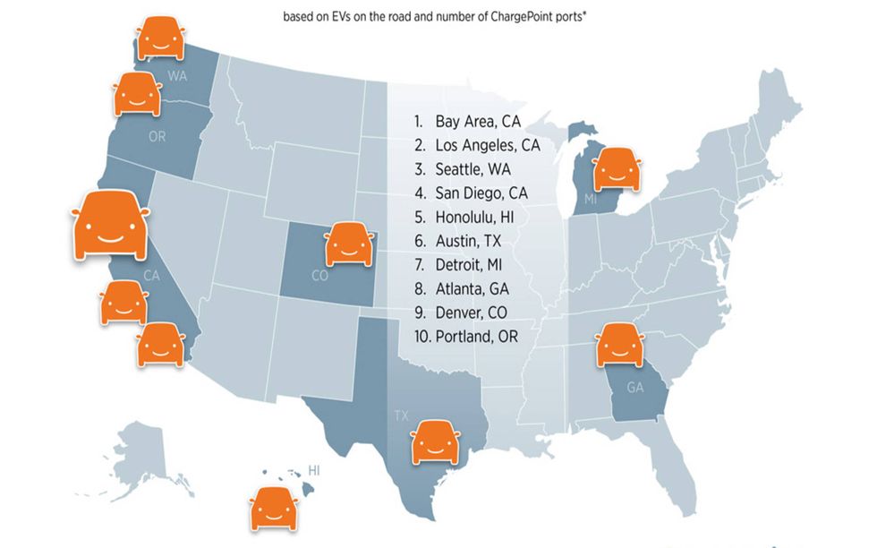 Here are the top ten cities for owning an EV.