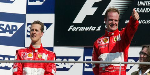Rubens Barrichello, right, finished first and teammate Michael Schumacher second at the 2002 Formula One race in Indianapolis.