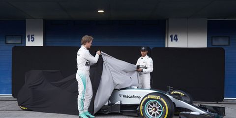 Mercedes drivers Lewis Hamilton and Nico Rosberg unveiled the new 2015 race car in Jerez on Sunday.