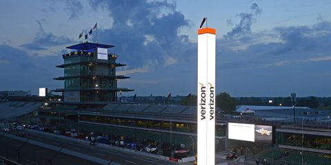 The Pagoda, Gasoline Alley and the Scoring Pylon on race morning before sunrise.