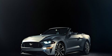 The 2018 Ford Mustang convertible wears the redesigned face found on the coupe.