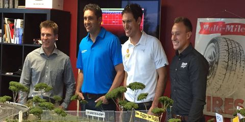 NASCAR Chase drivers, left to right, Jamie McMurray (Cup), Elliott Sadler (Xfinity Series), Joey Logano (Cup) and Daniel Hemric (right) paid a visit to the Autoweek proving grounds in Detroit on Wednesday.