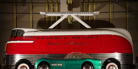 The 1950 GM Futurliner bus and the 1954 Pontiac Bonneville Special Motorama concept. The Futurliner is the big red one; it sold for $4,000,000. The Bonneville Special pulled $3,300,000. Bother were part of the Ron Pratte Collection and crossed the block at Barrett-Jackson.