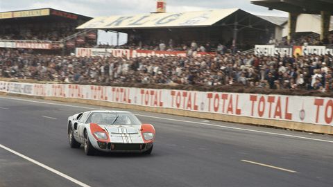 The Ford GT40 Mk II piloted by Ken Miles and Denny Hulme during the 24 Hours of Le Mans in 1966. Miles and Hulme went on to  finish second in the race, sandwiched between two other GT40s in an all-Ford podium.