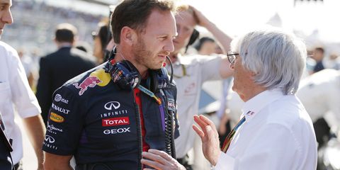 Red Bull team principal Christian Horner with F1 boss Bernie Ecclestone at the Sochi Autodrome prior to the Russian Grand Prix.