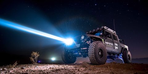A Baja Designs SLDLaser headlight blasting into the night. I didn't ride in this rig, but did get a laser demo ride in a Baja prerunner. Look at that beam!