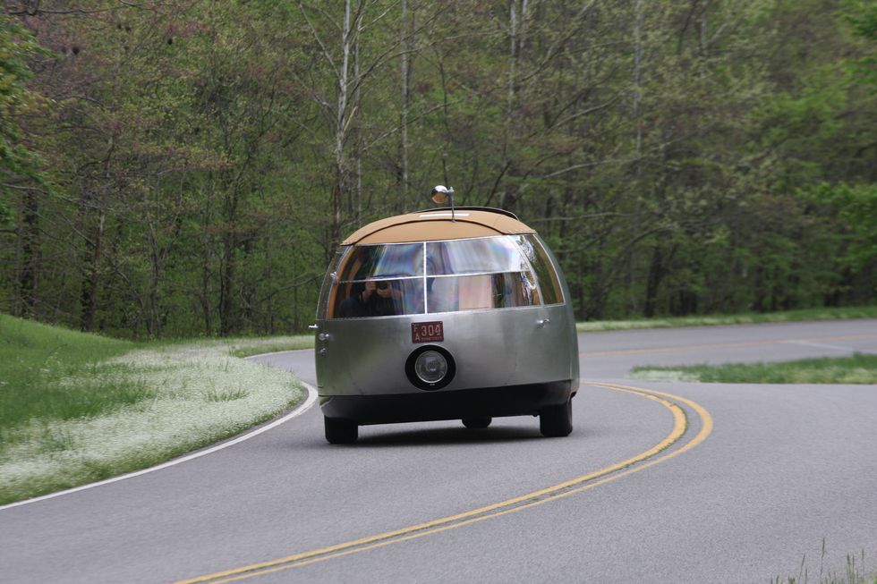 The Dymaxion car, coming at you fast! But not too fast.