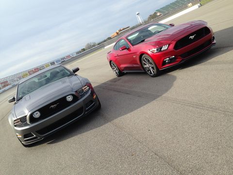 The front ends of the Mustangs are markedly different.