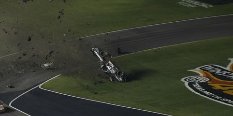 Timothy Peters truck flips at the end of the NASCAR Camping World Truck Series winstaronlinegaming.com 400 at Texas Motor Speedway.