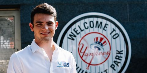 Patricio O'Ward in Monument Park at Yankee Stadium after being announced as a 2019 full-time driver with Harding Steinbrenner Racing.