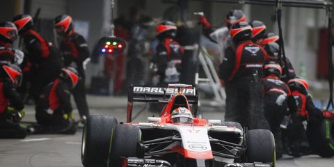 Marussia F1 driver Jules Bianchi leaving the pits at Suzuka prior to his severe head injury.