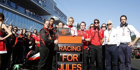Marussia F1 showing support for their driver and teammate, Jules Bianchi, at the Russian Grand Prix.
