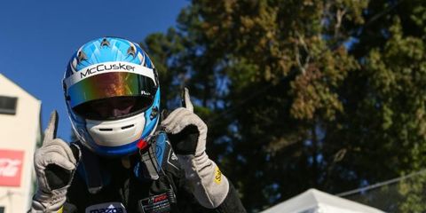 Austin McCusker celebrates his win in the IMSA Prototype Challenge race at Road Atlanta on Friday.