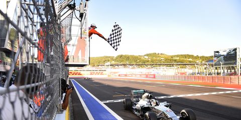 Mercedes Formula One driver Lewis Hamilton taking the checkered flag at the Sochi Autodrom earlier this month.