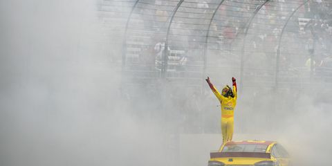 NASCAR Sprint Cup driver Joey Logano celebrating his win at New Hampshire Motor Speedway last weekend. Check out the entire race on NASCAR's official YouTube channel.