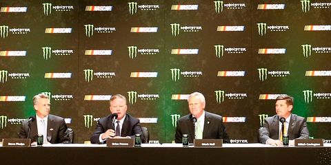Steve Phelps, Brian France, Mark Hall and Mitch Covington speak during a press conference as NASCAR and Monster Energy announce their premier series entitlement partnership at Wynn Las Vegas.