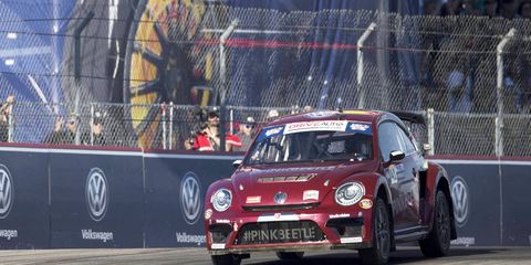 Scott Speed cruises across the line in Los Angeles during the Red Bull Global Rallycross championship weekend.