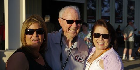 Alex Xydias, with two friends, at his 95th birthday party at the Alex Xydias Center for Automotive Arts in Pomona, Calif.