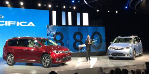 The 2017 Chrysler Pacifica, left, and the Chrysler Pacifica Hybrid at their 2016 Detroit auto show debut.
