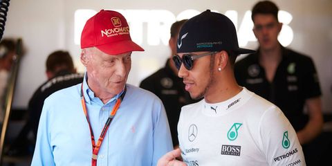 Niki Lauda, left, plans to talk to Lewis Hamilton about Hamilton's recent blow-up with the F1 media.