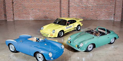 Clockwise from left: a 1955 Porsche 550 Spyder, a 1974 911 Carrera 3.0 IROC RSR and a 1958 356A 1500 GS/GT Carrera Speedster.