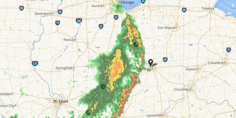 This is the weather radar map from Weather.com, showing severe weather heading toward Indianapolis Motor Speedway. This image was from 11:40 a.m. on Thursday.