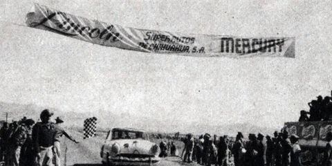 A Lincoln takes the checkered flag on the Carrera Panamericana