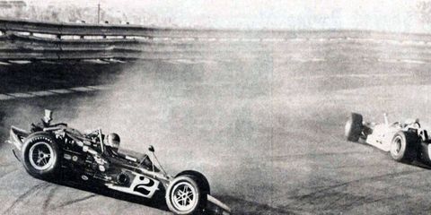 Al Unser slides toward the rail in his no. 2 Colt. Unser would fight back to a second-place finish only to be disqualified -- a judgement that was later overturned. Swede Savage took first in a Ford-powered Eagle.