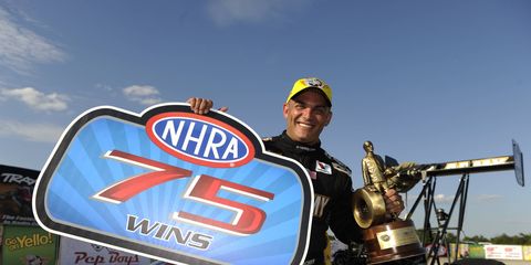 Tony Schumacher's win on Saturday in the resumption on last week's rain-delayed event in Charlotte was his 75th in NHRA competition. He followed that win with a second win on Sunday. Both wins came at Texas Motorplex.