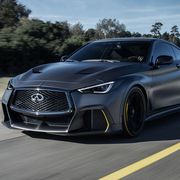 The Project Black S prototype started off as a Q60; many of the exterior upgrades were developed with the assistance of the Renault Sport F1 team, hence the striking black-with-yellow-accents paint scheme.
