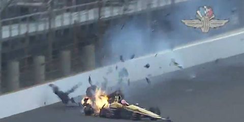 James Hinchcliffe suffered an upper thigh injury that required emergency surgery after a hard crash during practice at the Indianapolis Motor Speedway on Monday.