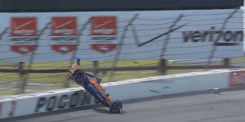 Charlie Kimball loses the backend and spins into the catchfence in turn four at Pocono Raceway on Saturday.The driver was unhurt.