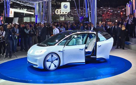 The Volkswagen I.D. concept electric car on the floor of the 2016 Paris motor show.