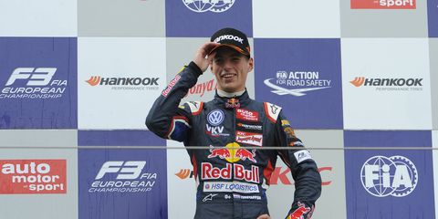 Max Verstappen on the podium at the FIA European Formula 3 championship in August.
