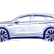 The third-generation Touareg is seen in this official sketch ahead of its debut in Beijing in March. But don't get in line just yet.