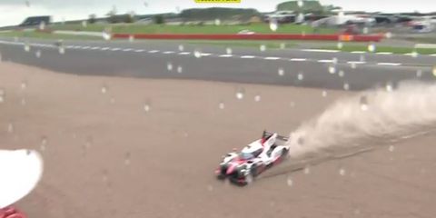 López was racing the pole-winning No. 7 Toyota TS050 Hybrid in damp conditions when he apparently hit a curb at Copse.