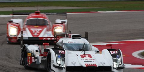The winning No. 2 Audi R18 e-tron quattro of Andre Lotterer, Benoit Treluyer and Marcel Fassler leads the field at Circuit of the Americas.