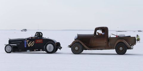 The Fast Four Special 1928 Dodge has a proper push vehicle. This car, with Chrysler flathead four-banger power, set a record of 150.141 mph in the Pre 1935 American Made Four Cylinder, Flathead class.