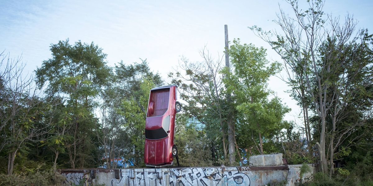 "Detroit Epitaph (Anthony's El Camino)" a sculptural installation by London-based artist, filmmaker and architect Anthony Gross, sits on the site of a former factory in Detroit's Eastern Market area.