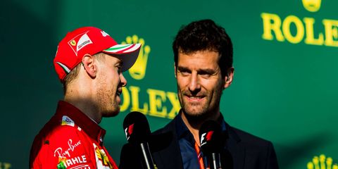 Mark Webber, right, is driving sports cars these days and visiting his former rivals when he can.