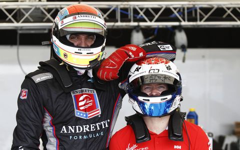 Justin Wilson, left, and Sam Bird, ham it up at this year's Formula E race in Moscow.