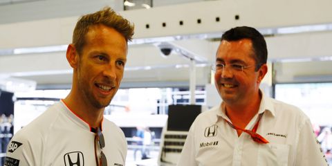 Jenson Button, left, and Eric Boullier, right, will be back together again for McLaren F1's Monaco GP effort.